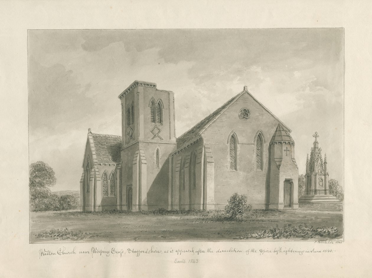 Igreja de Walton-on-the-Hill: desenho em sépia, 1844 de John Buckler