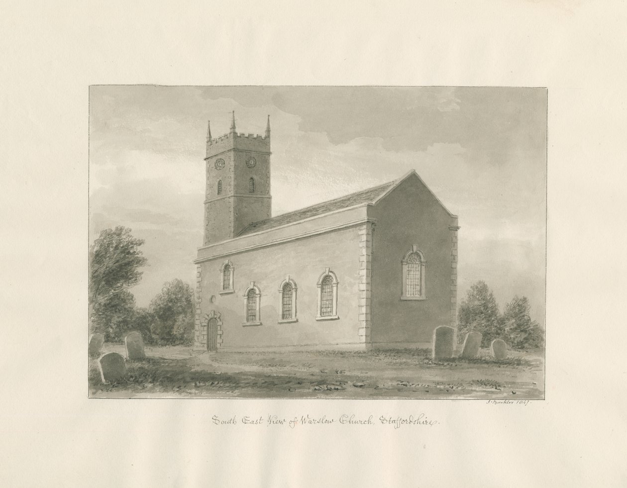 Igreja Warslow: desenho sépia de John Buckler