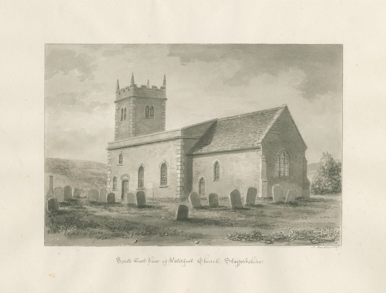 Igreja da Cascata: desenho de lavagem em sépia de John Buckler