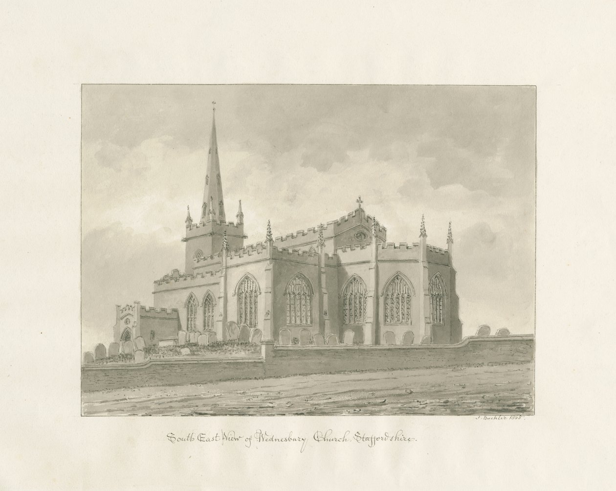 Igreja de Wednesbury: desenho sépia de John Buckler