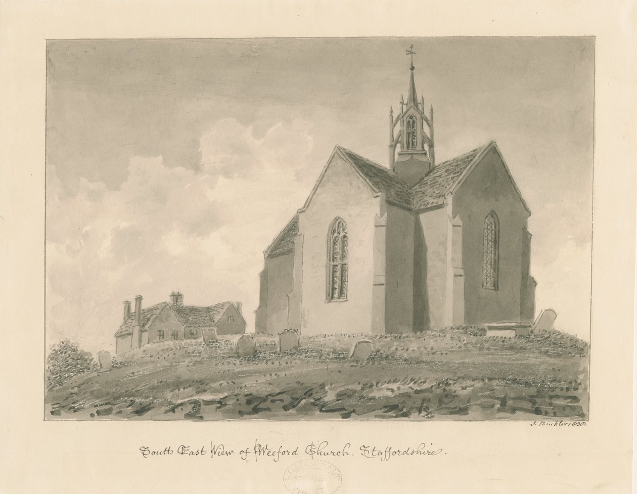 Igreja de Weeford: desenho de lavagem sépia de John Buckler