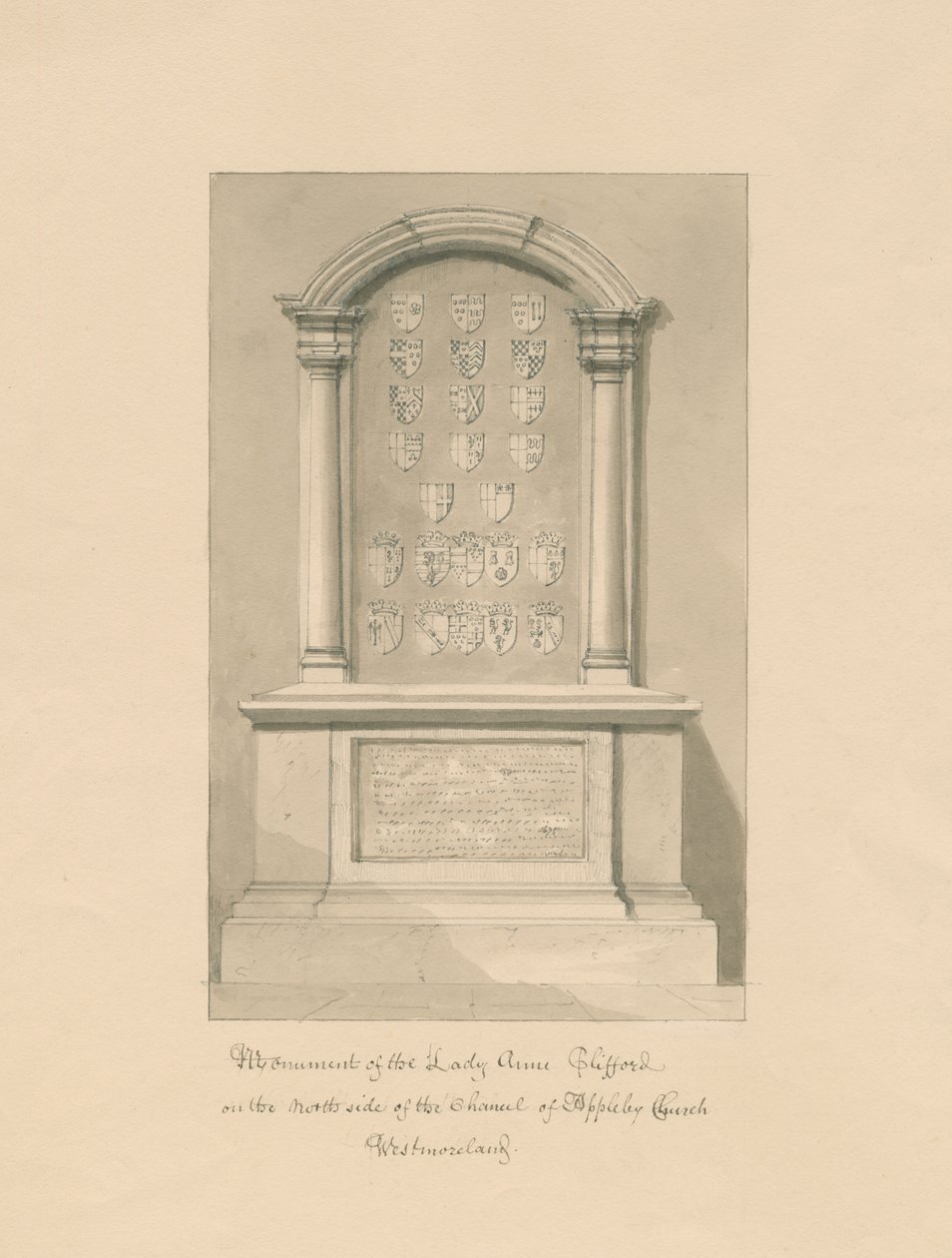 Westmorland - Igreja Appleby - Monumento a Lady Anne Clifford: desenho em sépia, 1800 de John Buckler