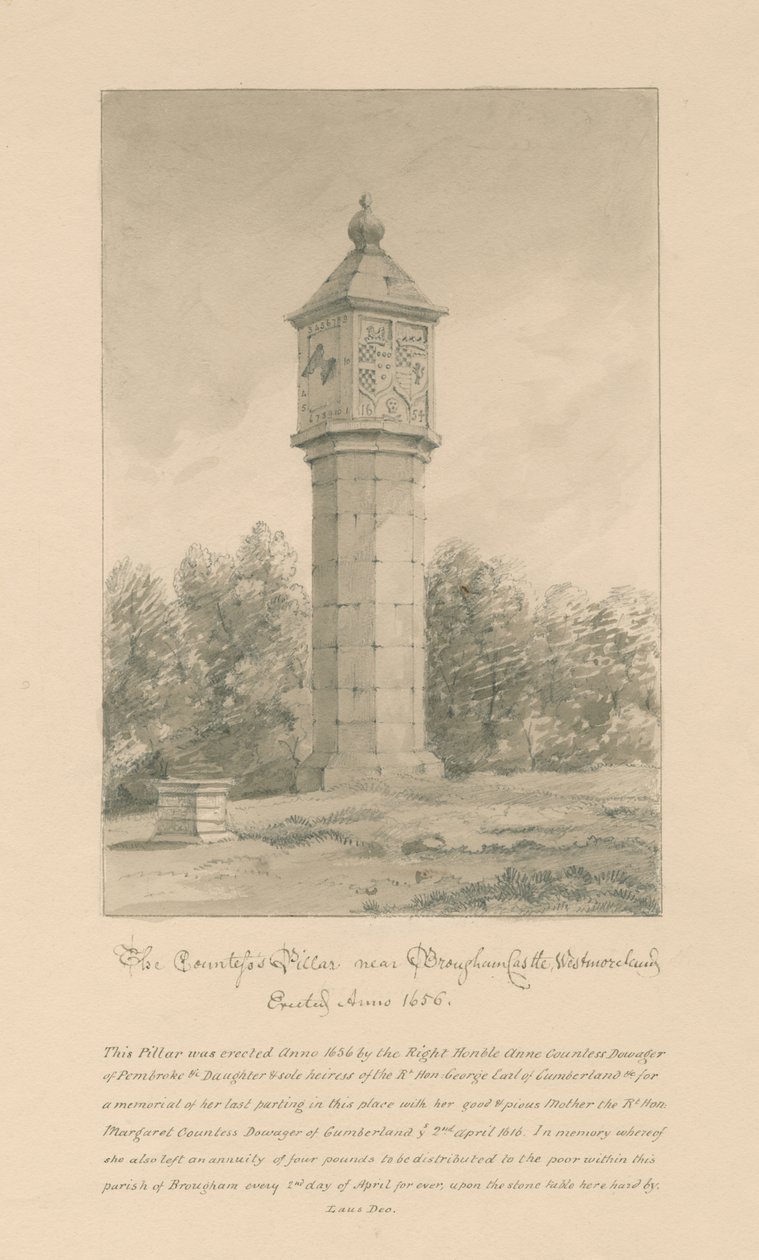 Westmorland - Castelo de Brougham - Pilar da Condessa: desenho em sépia, 1800 de John Buckler