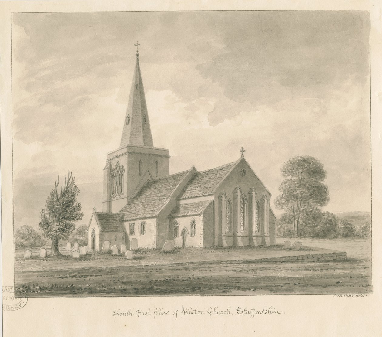 Igreja de Weston-on-Trent: desenho em sépia, 1841 de John Buckler