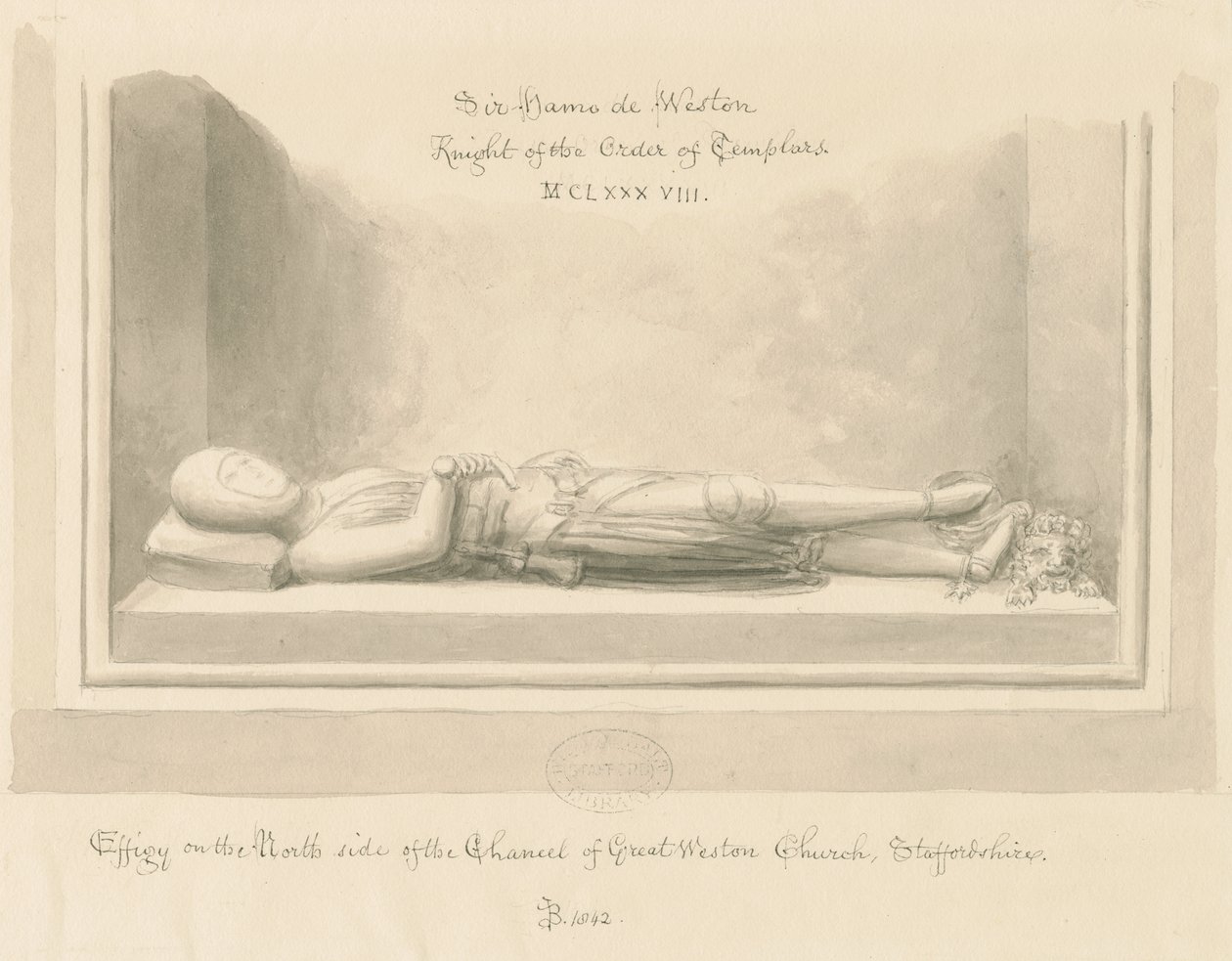 Igreja Weston-under-Lizard - Efígie de Sir Hamo de Weston: desenho em sépia, 1842 de John Buckler
