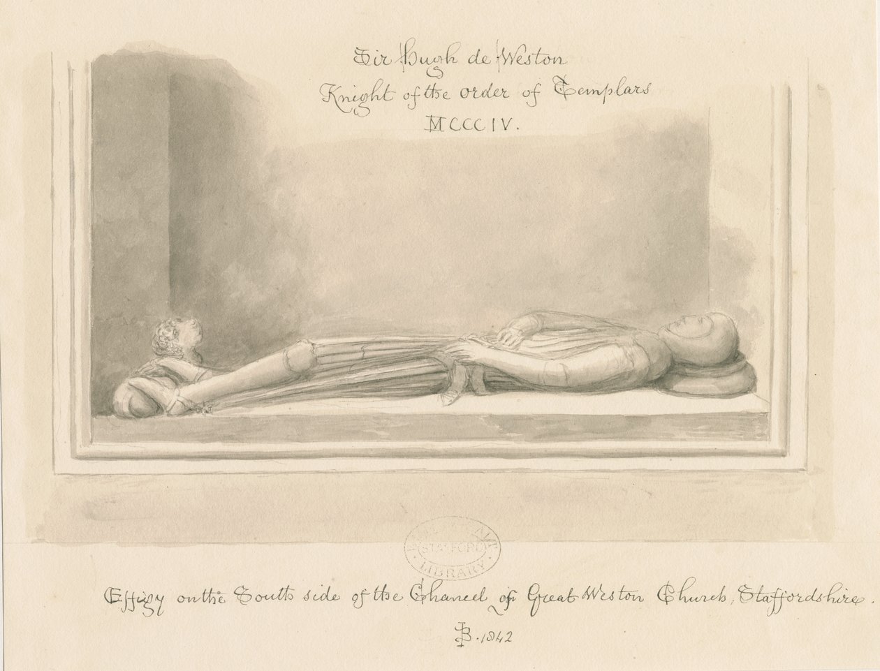 Igreja Weston-under-Lizard - Efígie de Sir Hugh de Weston: desenho em sépia, 1842 de John Buckler