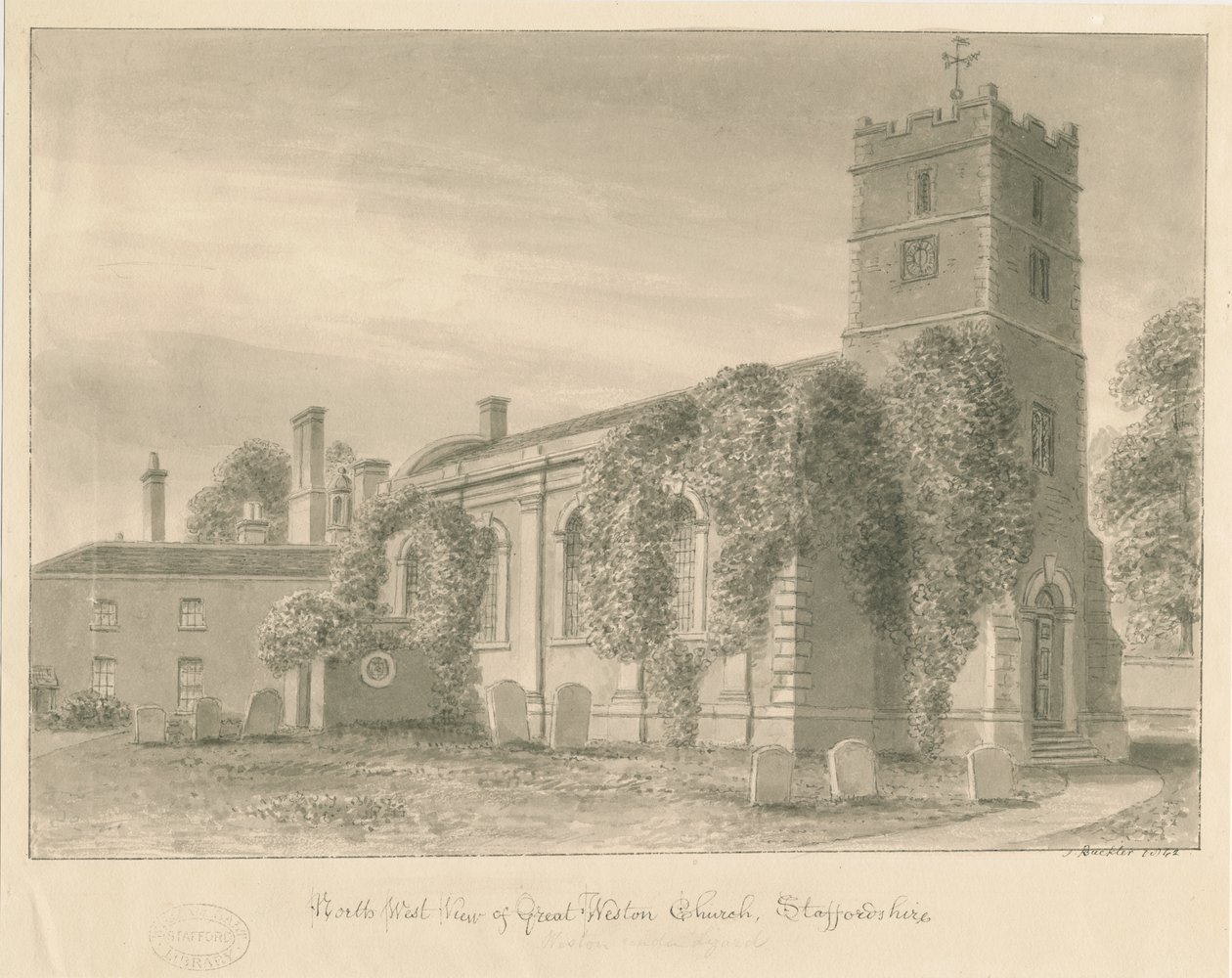 Igreja Weston-under-Lizard: desenho de lavagem sépia de John Buckler