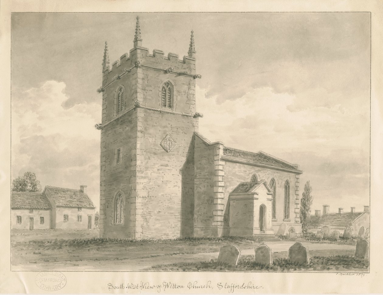 Igreja de Wetton: desenho em sépia, 1839 de John Buckler