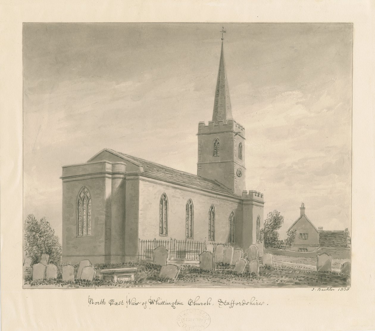 Igreja Whittington: desenho de lavagem sépia de John Buckler