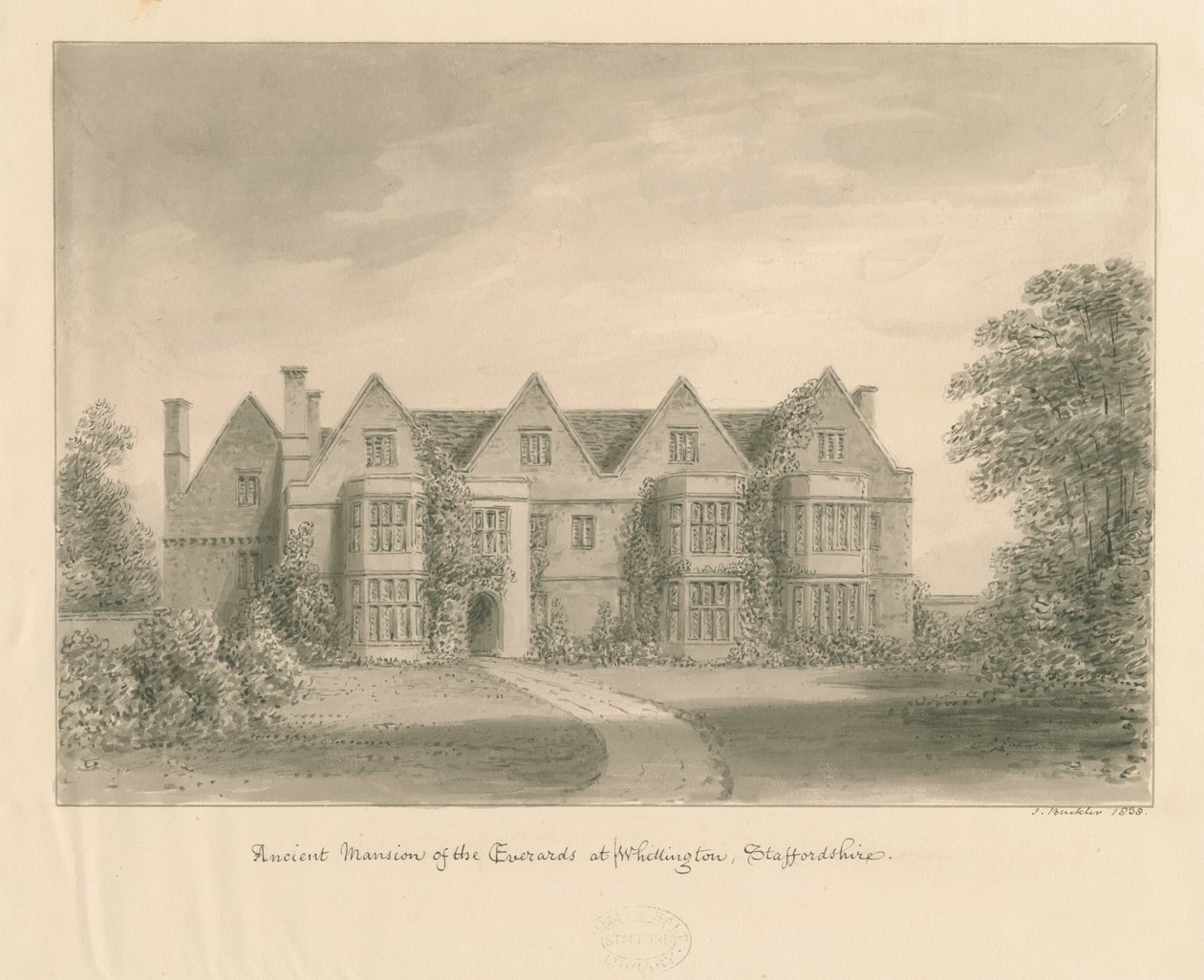 Whittington Hall: desenho em sépia, 1838 de John Buckler