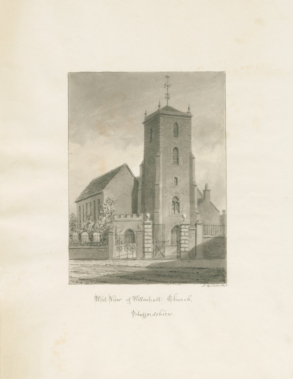 Igreja Willenhall: desenho em sépia, 1846 de John Buckler