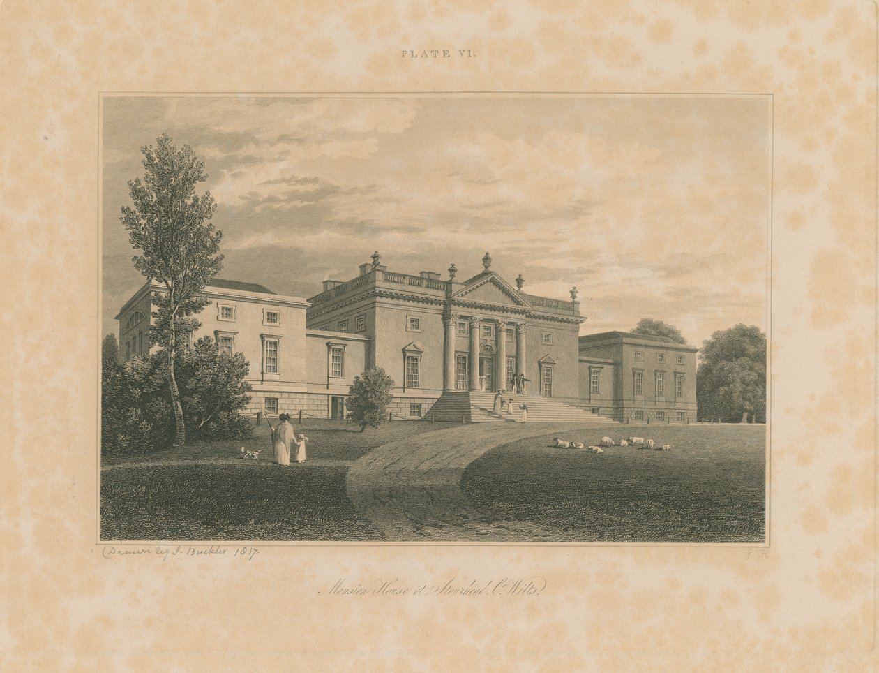 Wiltshire - Stourhead - Mansão: gravura, 1817 de John Buckler