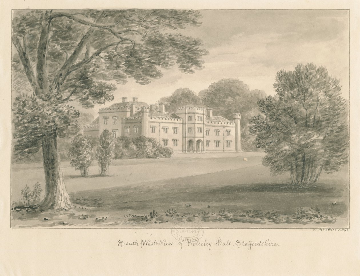 Wolseley Hall: desenho em sépia, 1841 de John Buckler