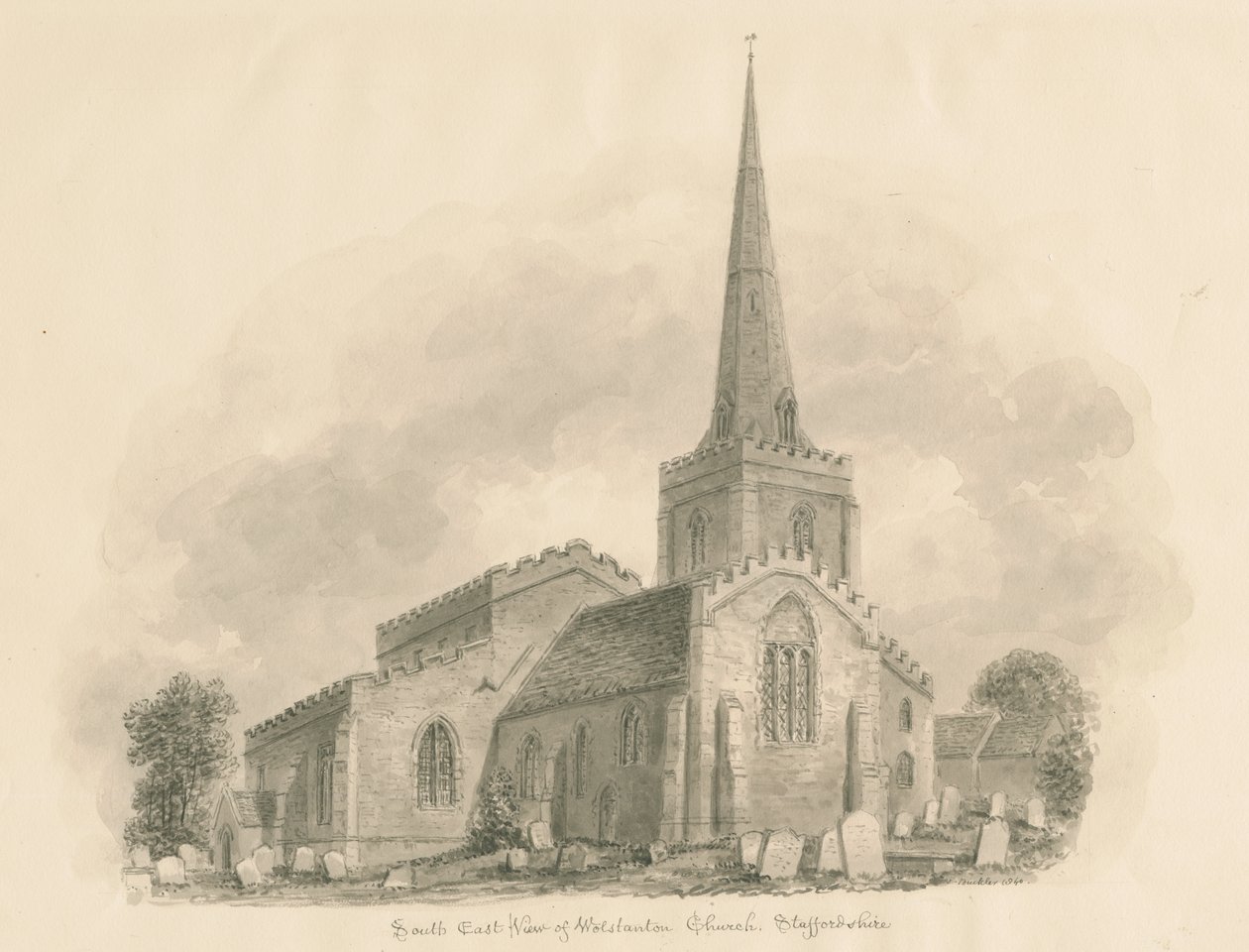 Igreja Wolstanton: desenho sépia de John Buckler