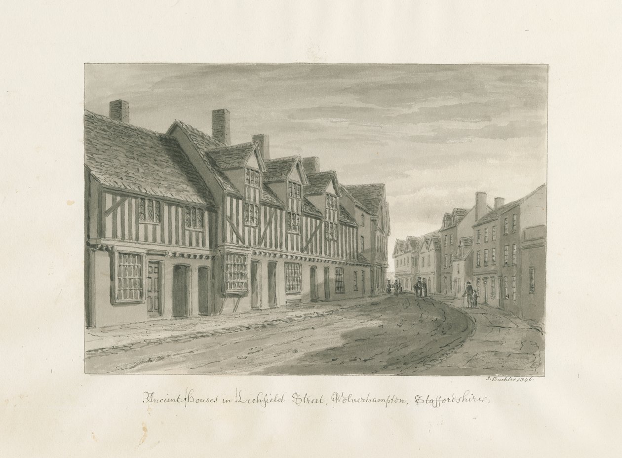 Wolverhampton - Ancient Houses in Lichfield Street: desenho sépia de John Buckler