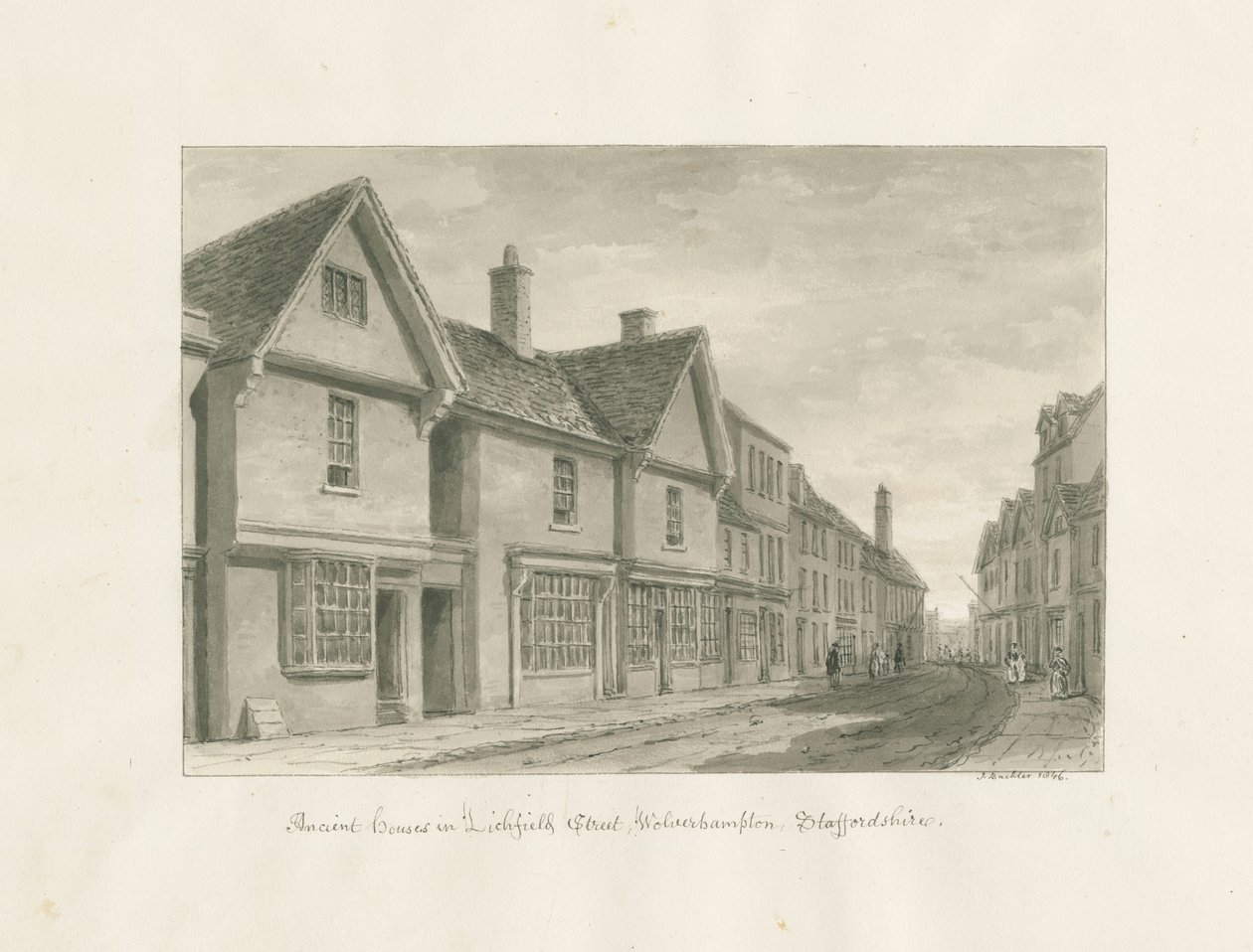 Wolverhampton - Casas Antigas na Rua Lichfield: desenho em sépia de John Buckler