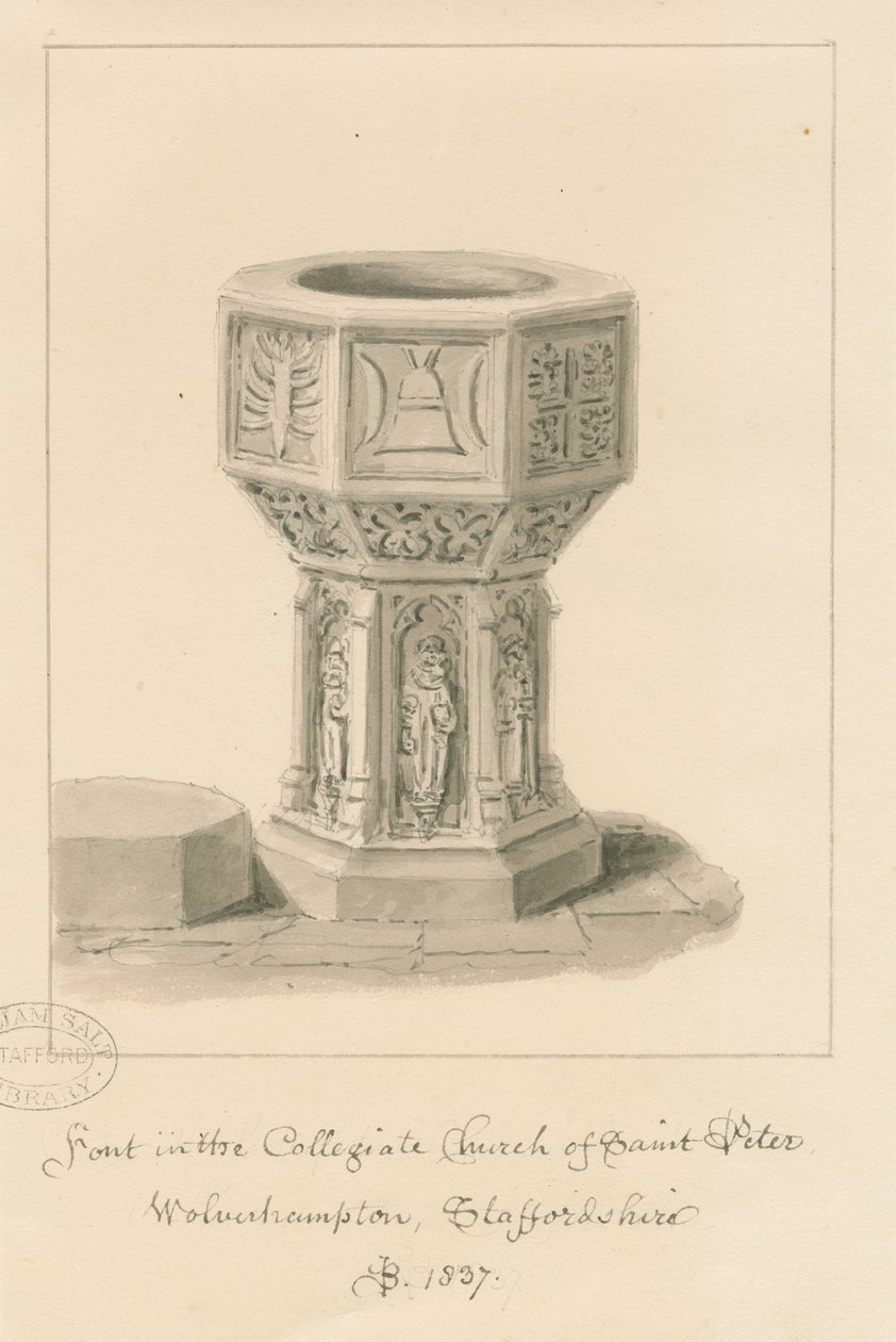 Wolverhampton - Fonte na Igreja de São Pedro: desenho em sépia, 1837 de John Buckler