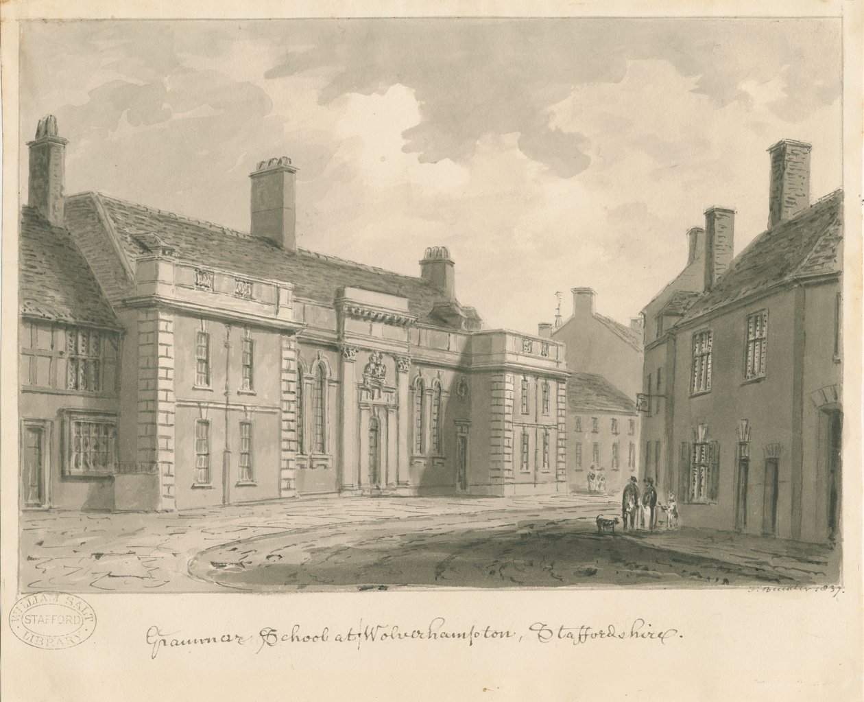 Wolverhampton - Grammar School: desenho em sépia, 1837 de John Buckler
