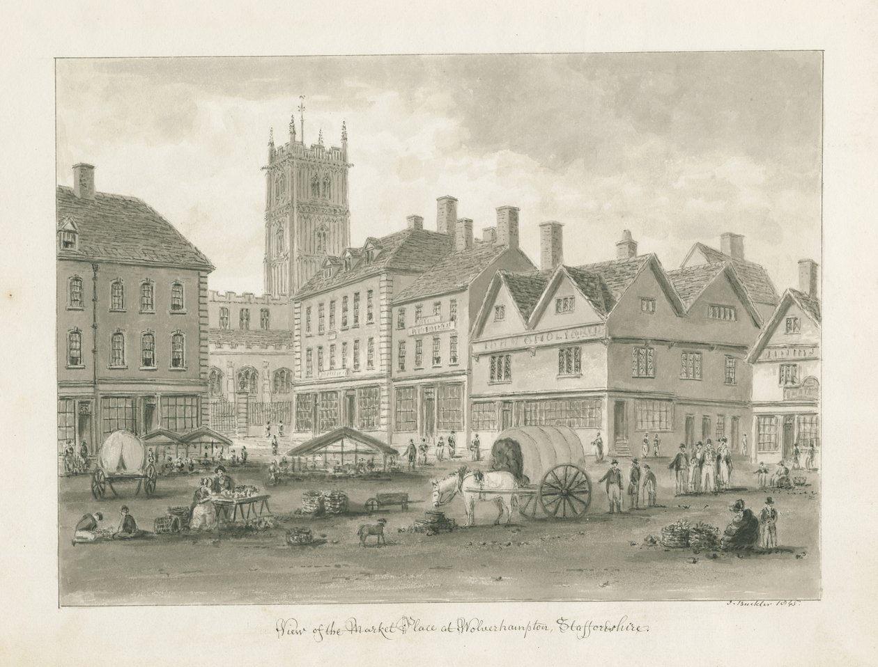 Wolverhampton - Mercado: desenho sépia de John Buckler