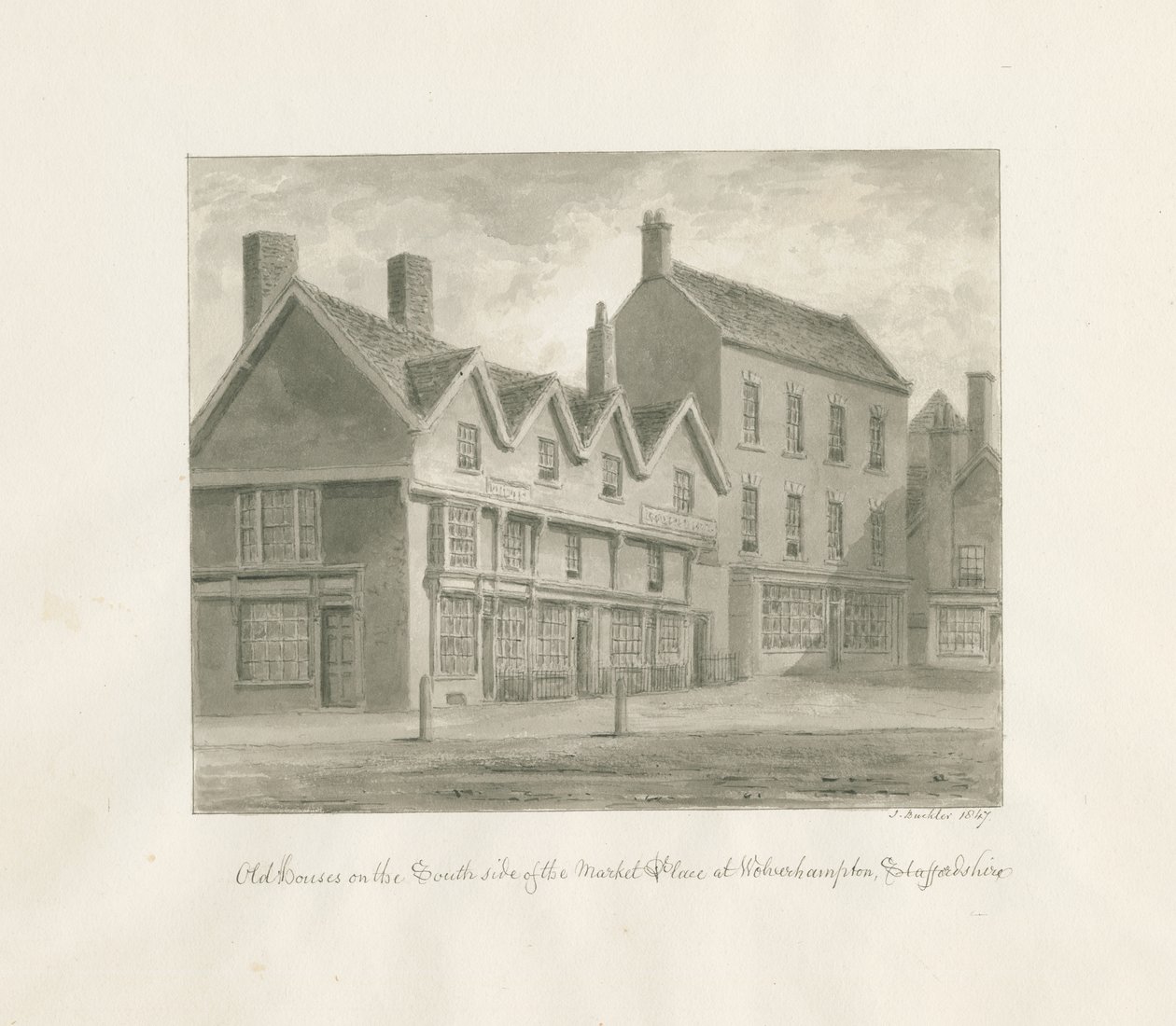 Wolverhampton - Casas antigas no lado sul do Market Place: desenho em sépia, 1847 de John Buckler