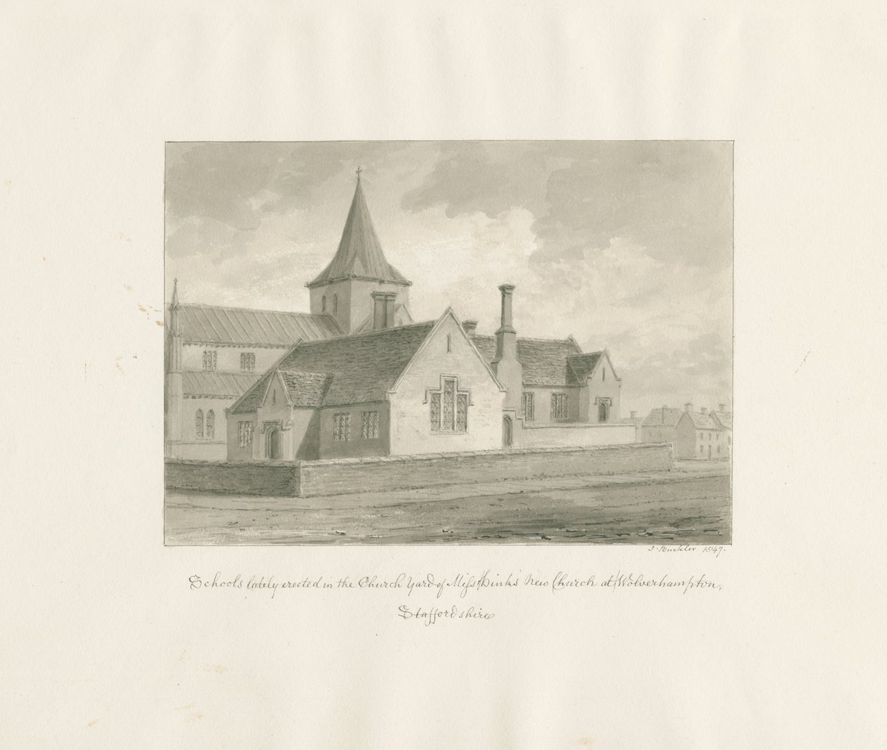 Wolverhampton - Escolas no pátio da Igreja de Santa Maria: desenho em sépia de John Buckler