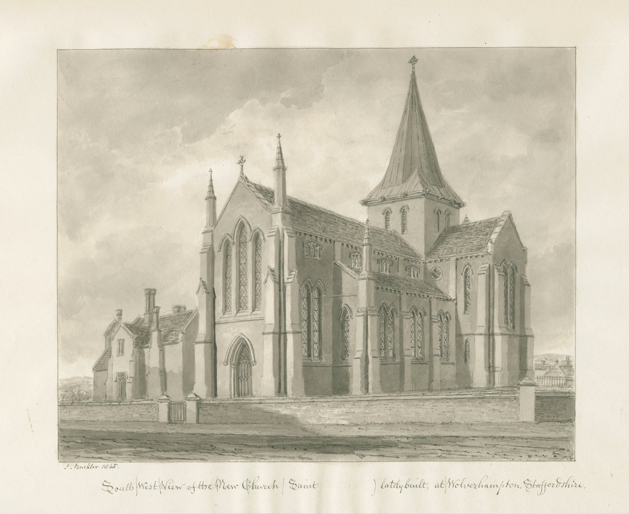 Wolverhampton - Igreja de Santa Maria: desenho em sépia de John Buckler