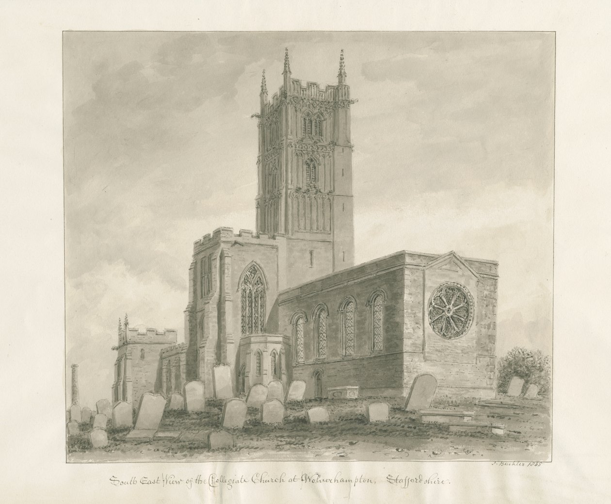 Wolverhampton - Igreja de São Pedro: desenho em sépia de John Buckler