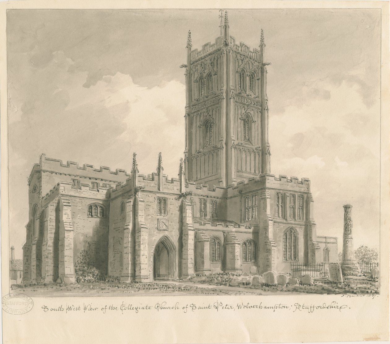 Wolverhampton - Igreja de São Pedro: desenho em sépia de John Buckler