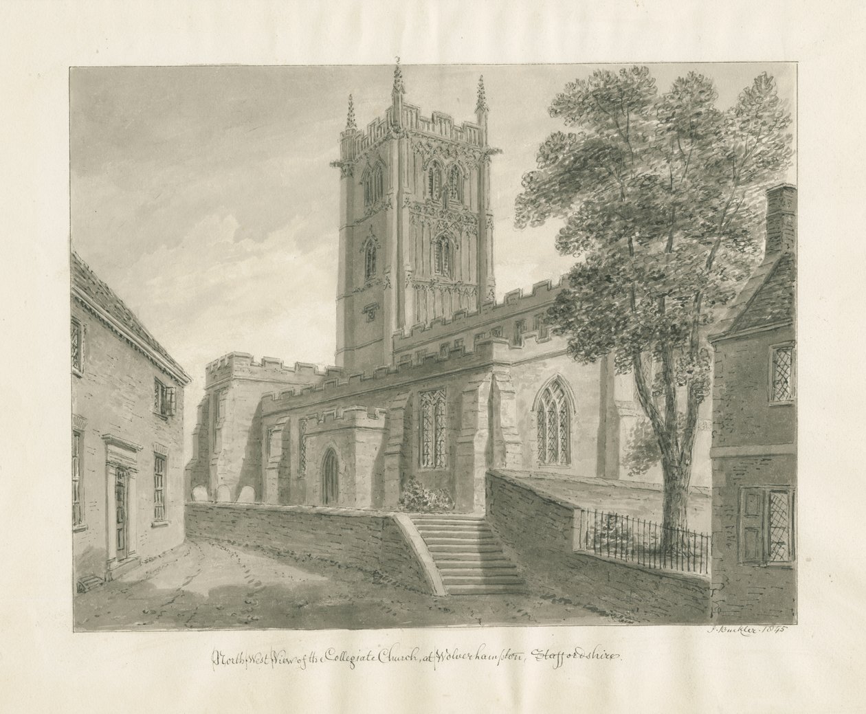 Wolverhampton - Igreja de São Pedro: desenho em sépia de John Buckler
