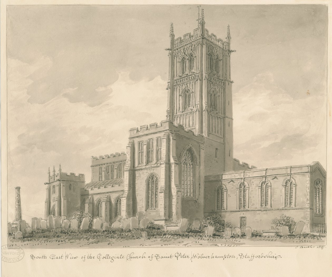 Wolverhampton - Igreja de São Pedro: desenho em sépia de John Buckler