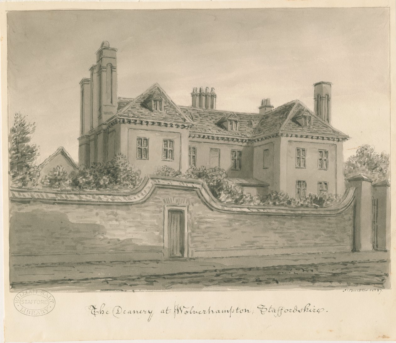 Wolverhampton - The Deanery House: desenho em sépia de John Buckler