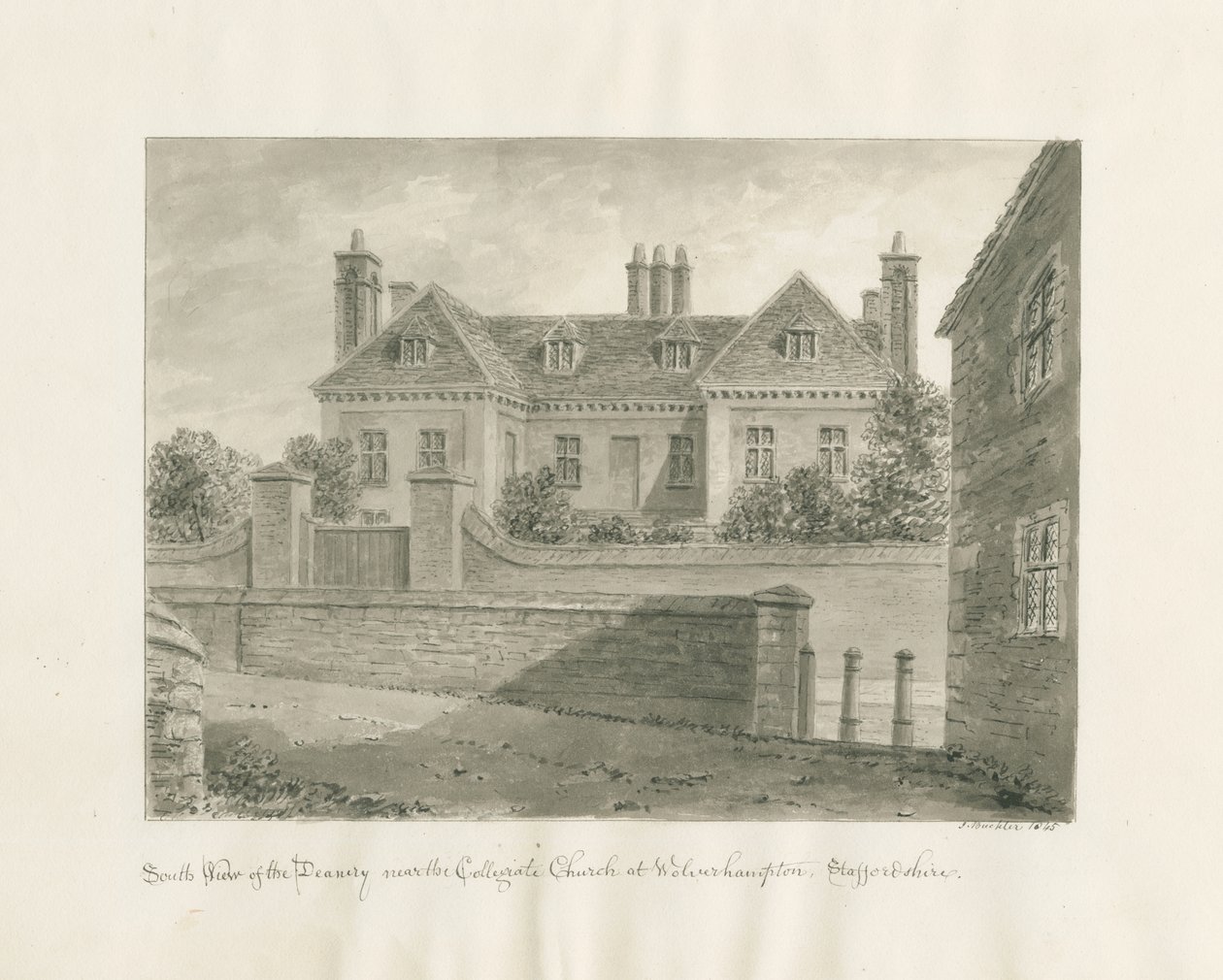 Wolverhampton - The Deanery House: desenho em sépia, 1845 de John Buckler