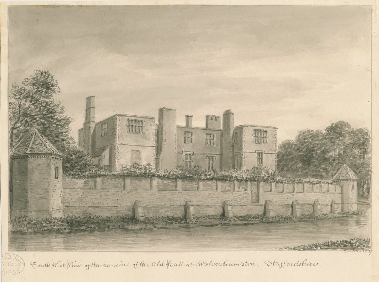 Wolverhampton - The Old Hall: desenho em sépia, 1837 de John Buckler