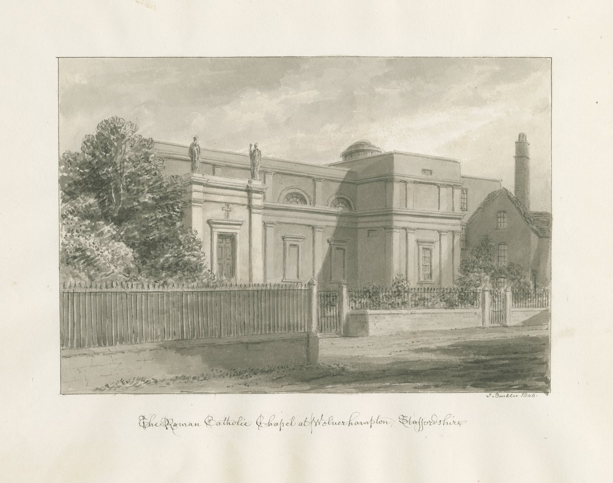 Wolverhampton - A Capela Católica Romana: desenho sépia de John Buckler