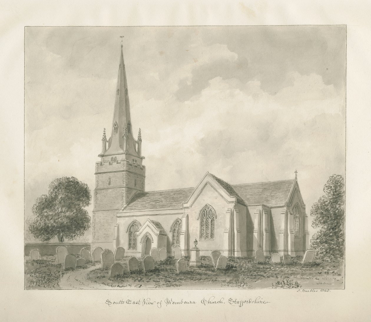 Igreja de Wombourne: desenho em sépia, 1845 de John Buckler