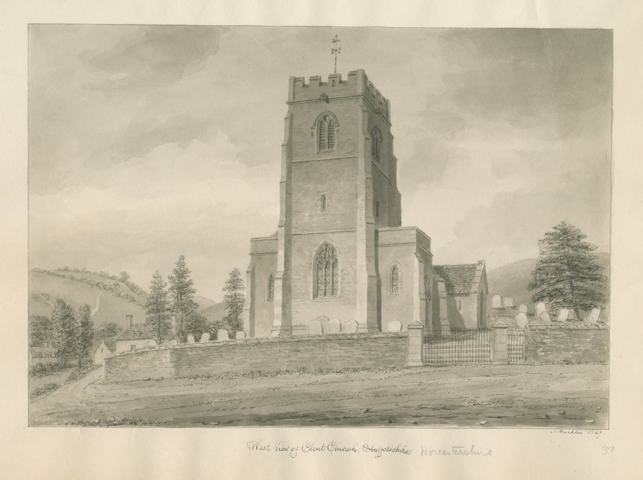 Worcestershire - Clent Church: desenho sépia de John Buckler