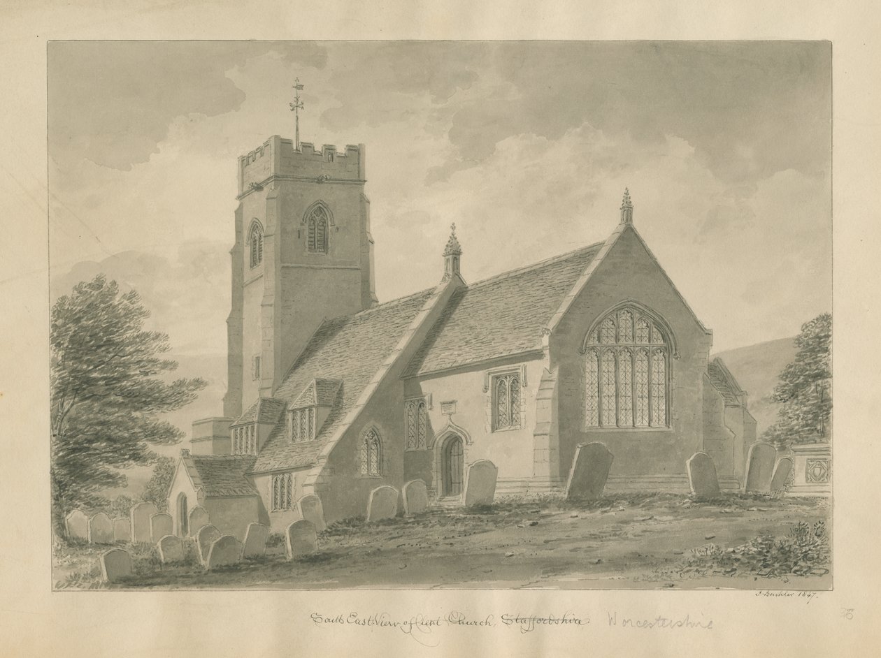Worcestershire - Clent Church: desenho em sépia, 1847 de John Buckler