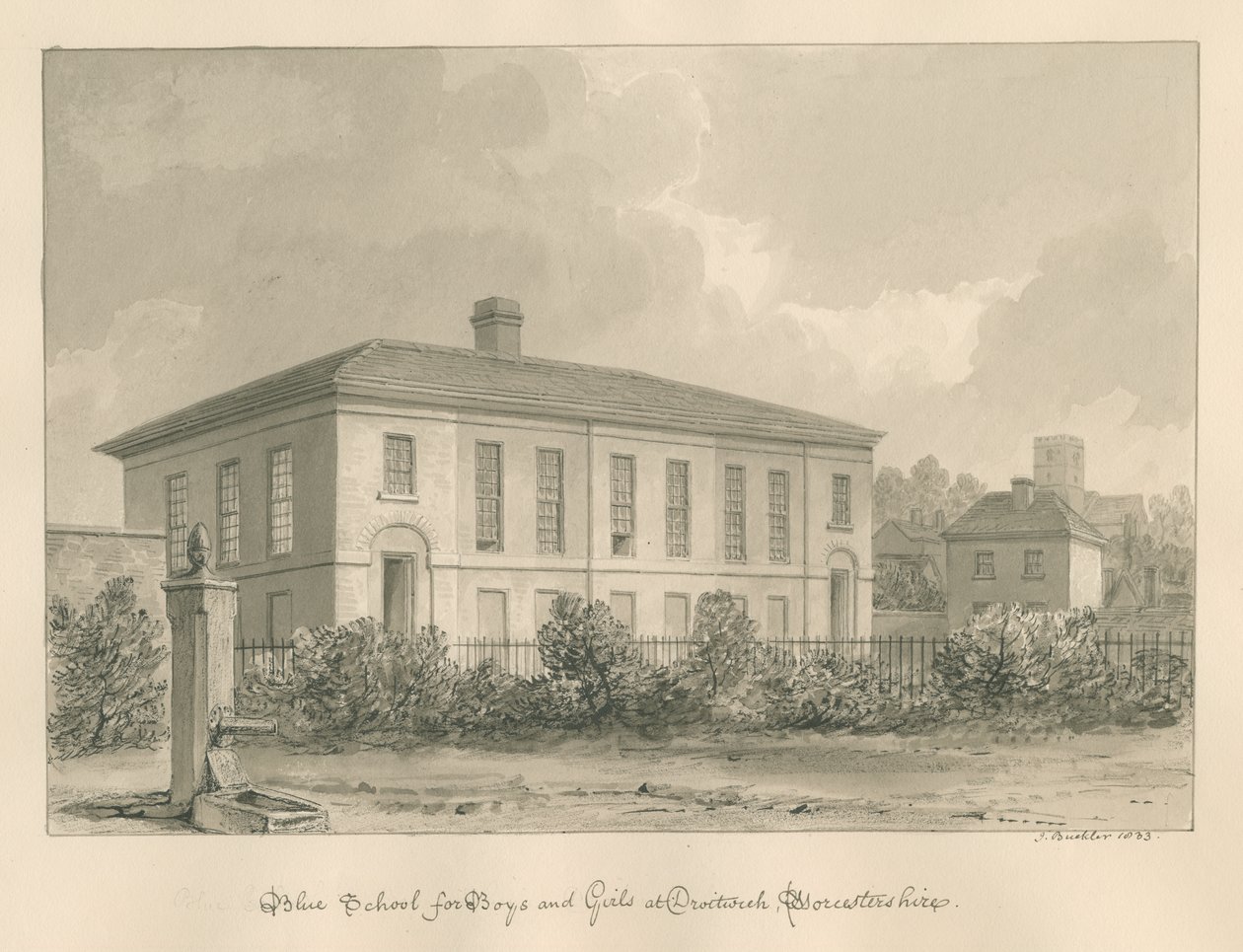 Worcestershire - Droitwich - Escola Azul: desenho em sépia de John Buckler