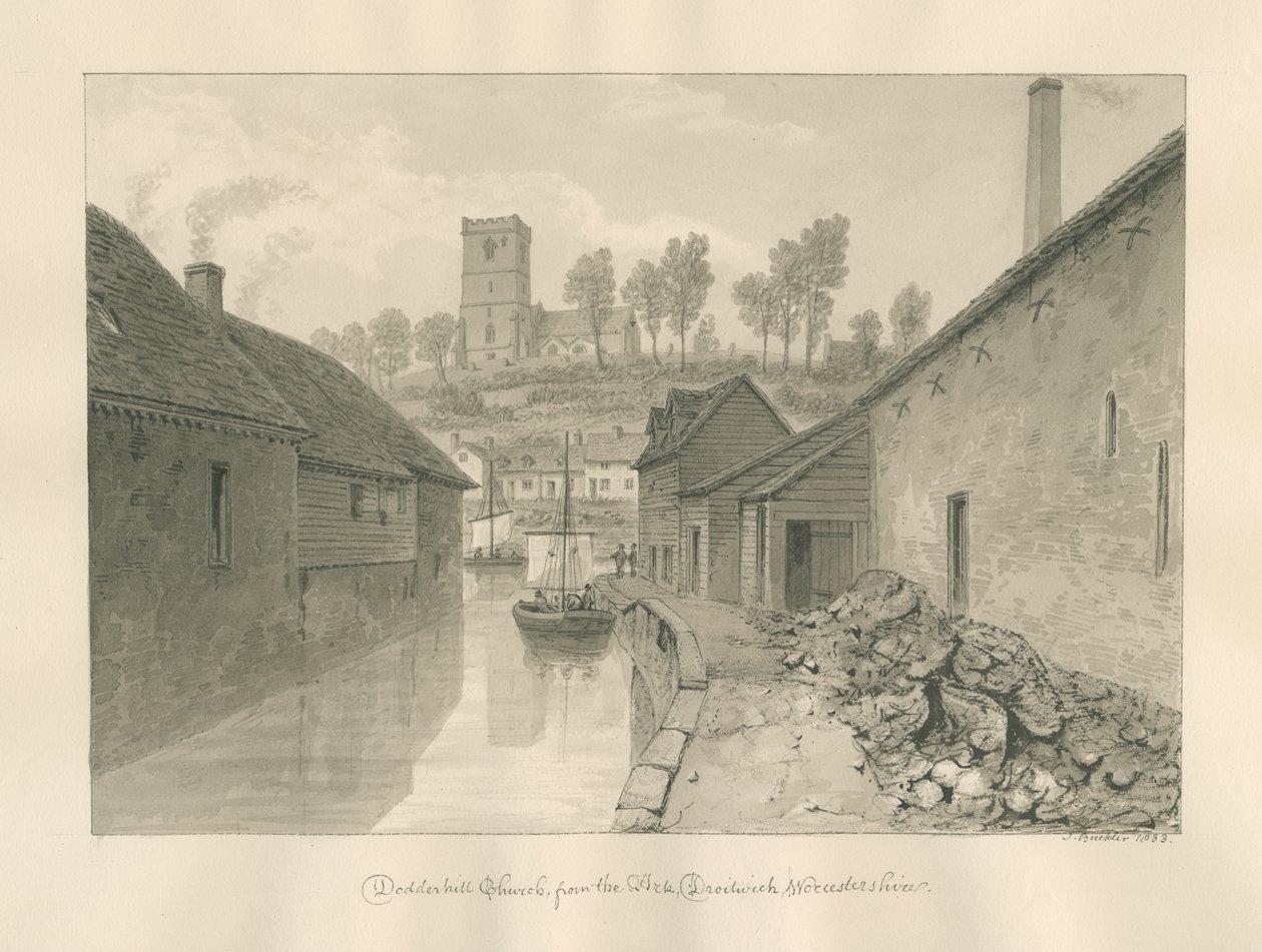 Worcestershire - Droitwich - Vista distante da igreja de Dodderhill: desenho em sépia, 1833 de John Buckler
