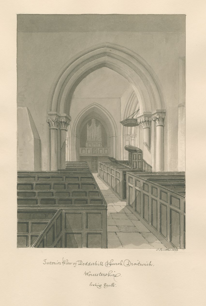 Worcestershire - Droitwich - Dodderhill Church Interior : desenho sépia de John Buckler