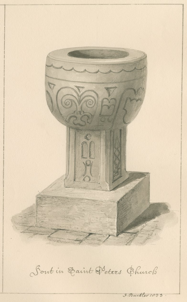 Worcestershire - Droitwich - Fonte da Igreja de São Pedro: desenho em sépia, 1833 de John Buckler