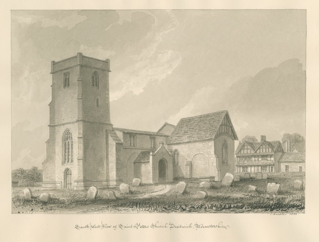 Worcestershire - Droitwich - Igreja de São Pedro: desenho em sépia, 1833 de John Buckler