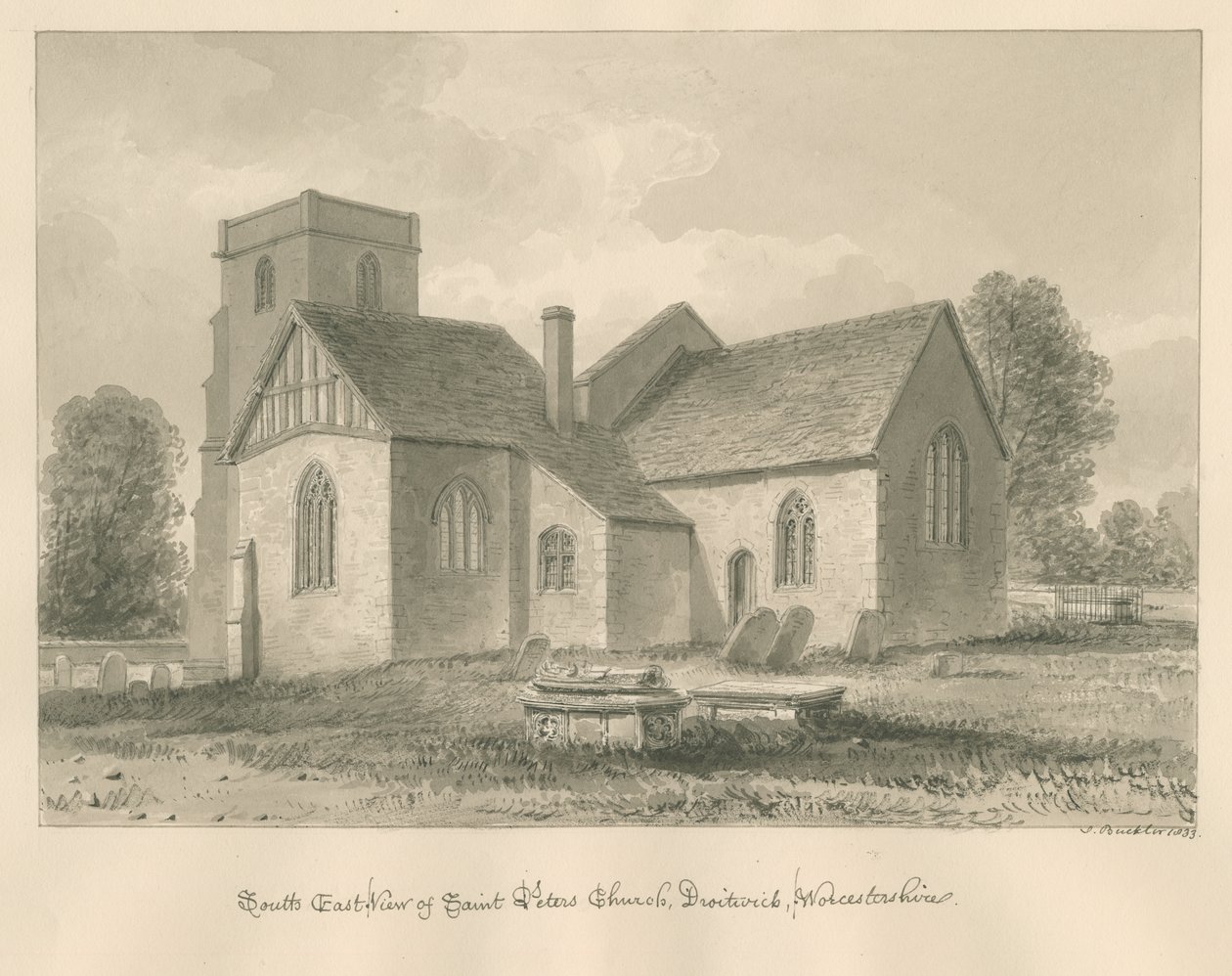 Worcestershire - Droitwich - Igreja de São Pedro: desenho em sépia, 1833 de John Buckler
