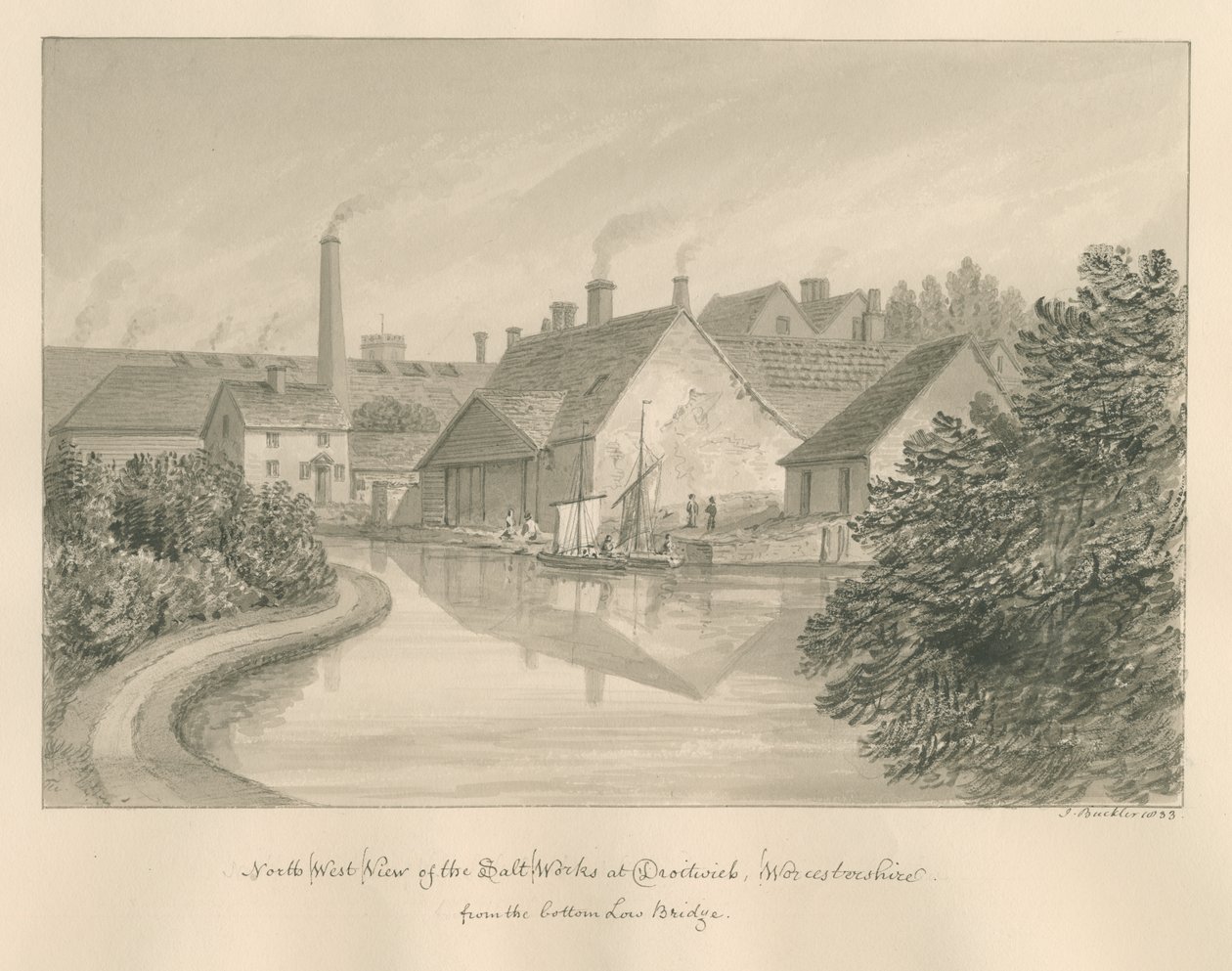 Worcestershire - Droitwich - Salt Works: desenho em sépia, 1833 de John Buckler