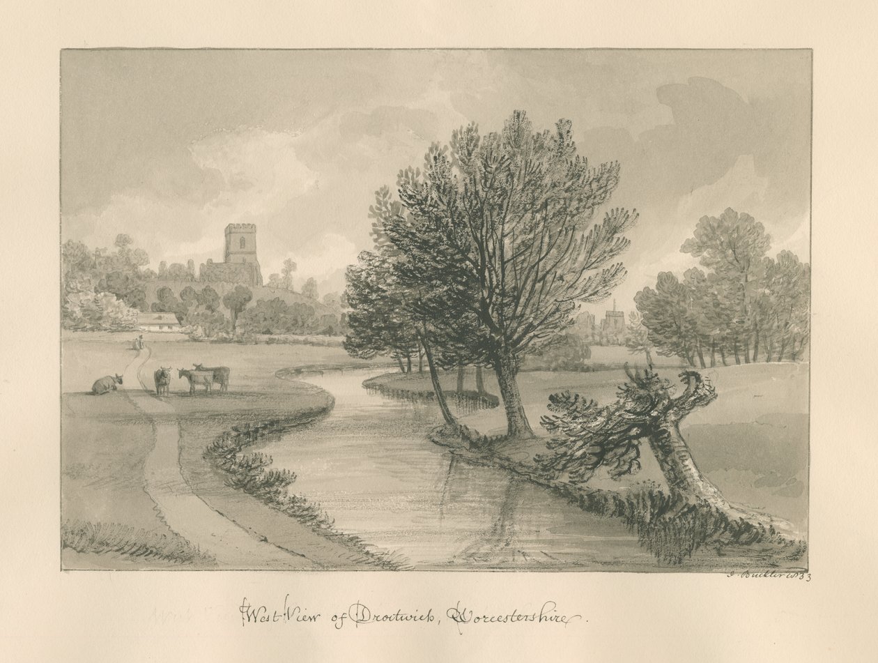Worcestershire - Droitwich - West Vista da cidade: desenho em sépia, 1833 de John Buckler