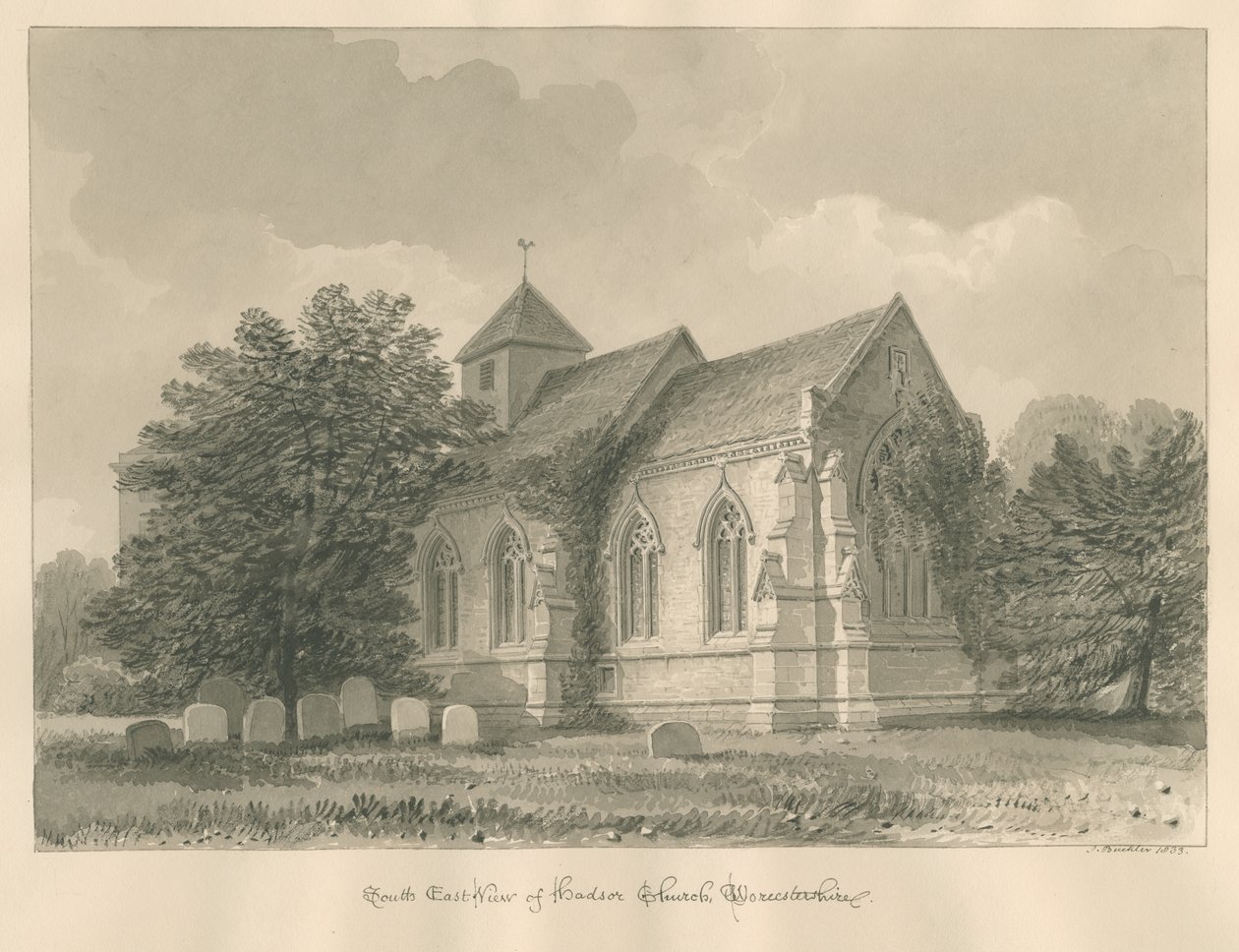 Worcestershire - Igreja de Hadsor: desenho em sépia, 1833 de John Buckler