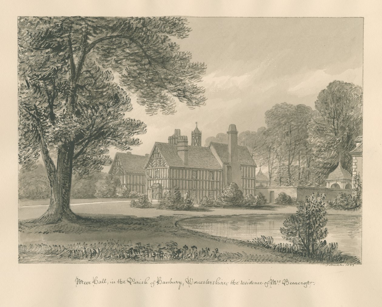 Worcestershire - Hanbury - Meer Hall: desenho sépia de John Buckler