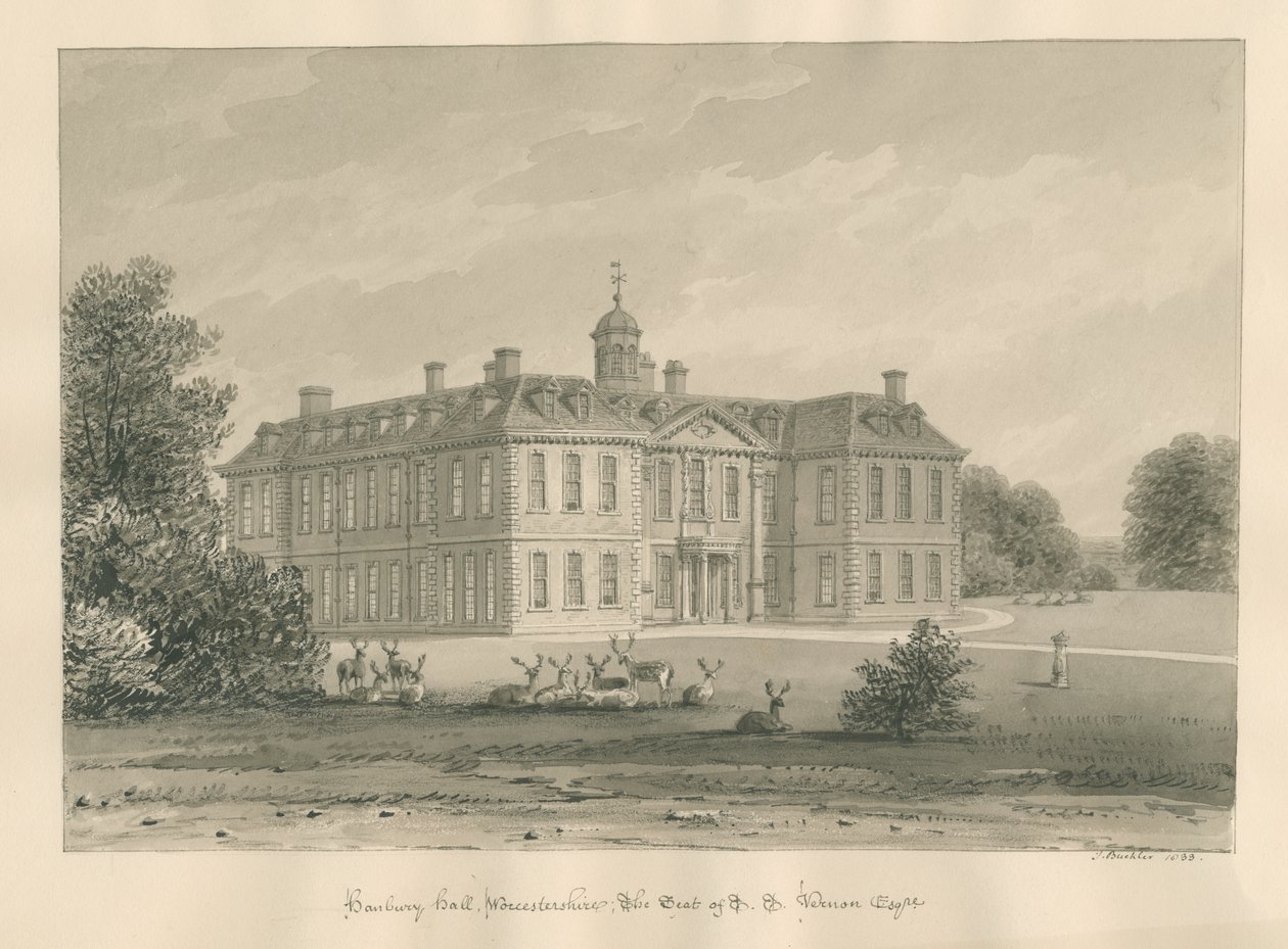 Worcestershire - Hanbury Hall: desenho em sépia, 1833 de John Buckler