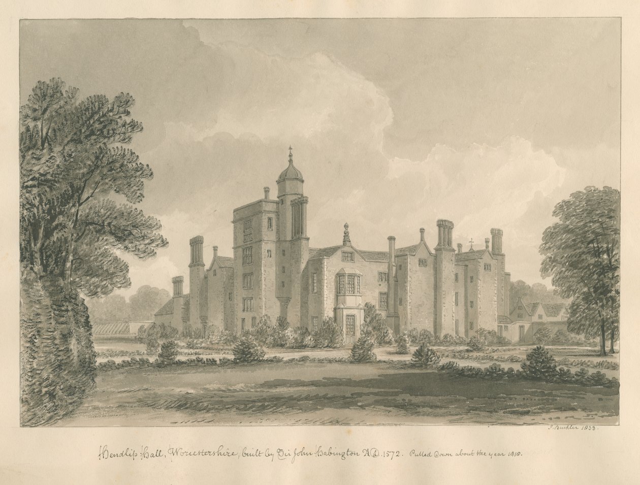 Worcestershire - Hindlip Hall: desenho em sépia, 1833 de John Buckler