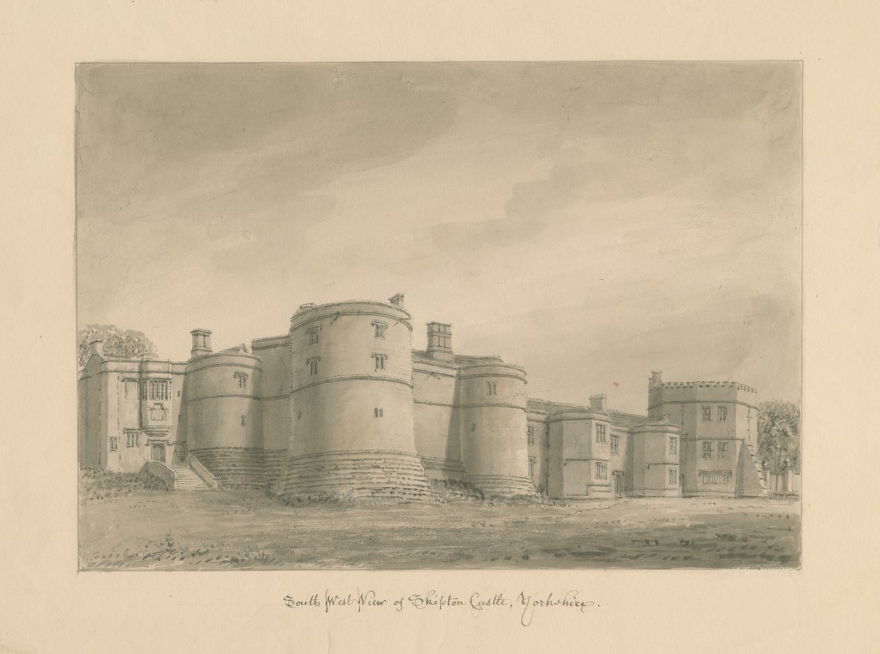 Castelo de Yorkshire - Skipton: desenho em sépia, 1818 de John Buckler